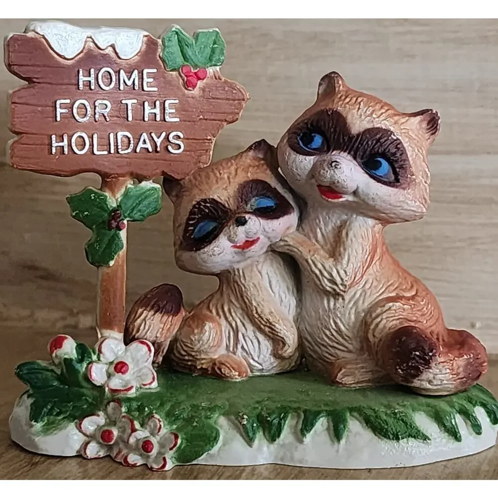 Vintage Home For The Holidays Raccoon Couple Plastic Figurine Hong Kong See Desc